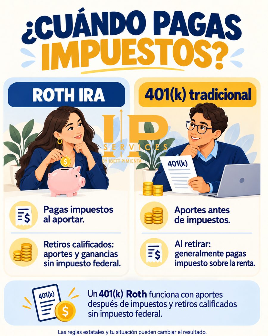 Infografía: ¿Cuándo pagas impuestos? Roth IRA y 401(k) tradicional