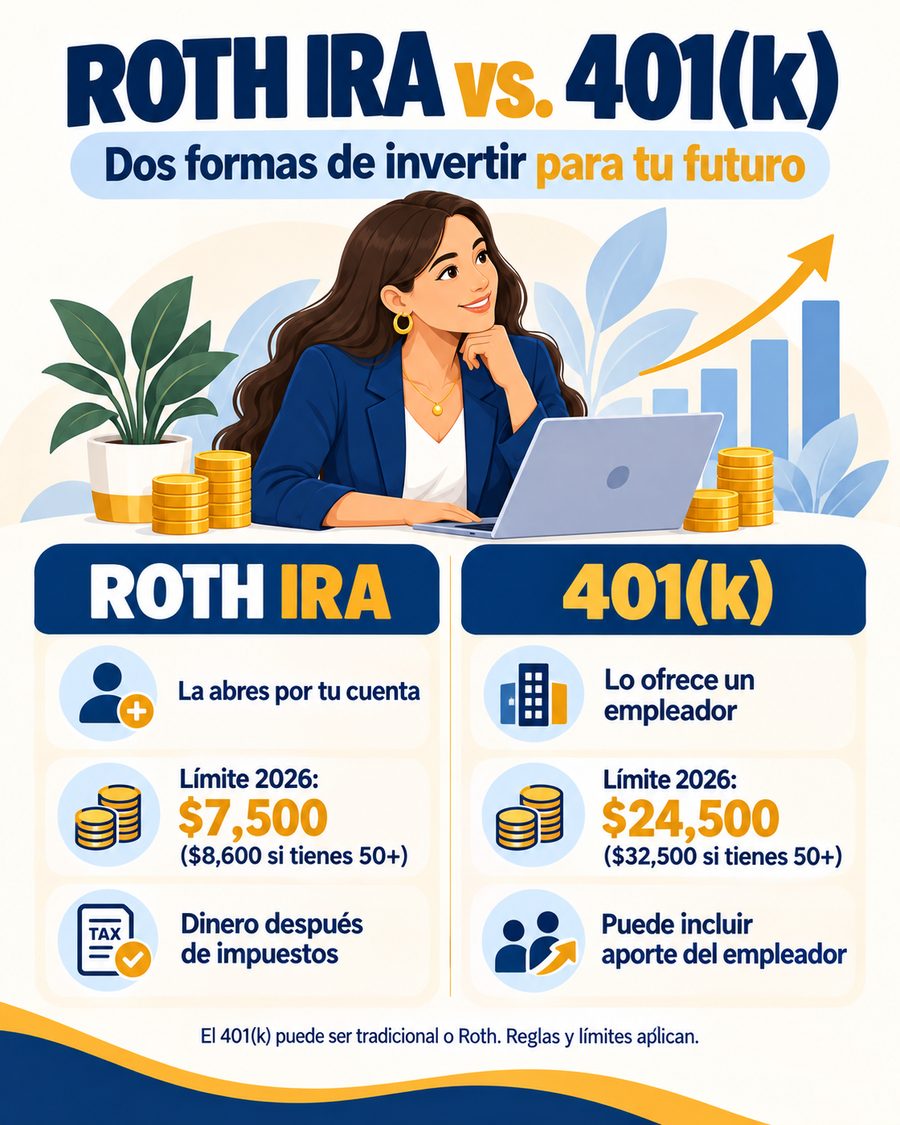 Infografía: Roth IRA vs. 401(k), dos formas de invertir para tu futuro